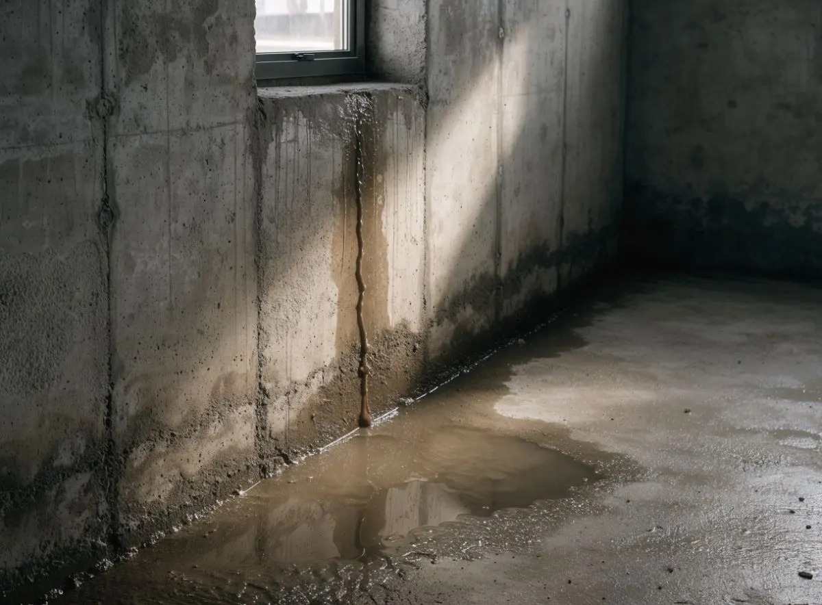 Water seeping through a crack in a basement wall